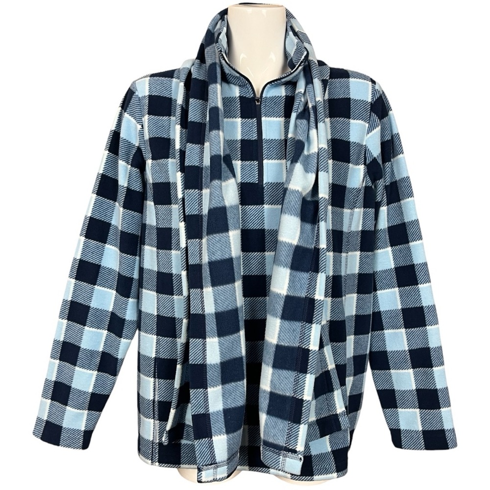 Lands’ End Blue Plaid Fleece 1/4 Zip Pullover Jacket Matching Scarf Large 14/16